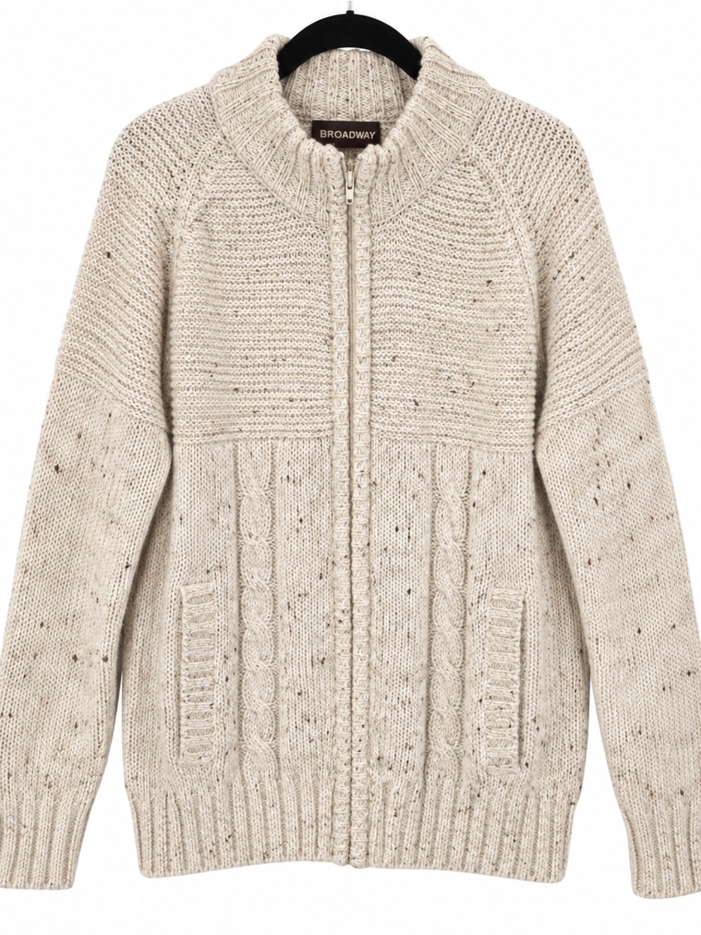 Vintage The Broadway Fisherman Sweater L Full Zip Cable Knit Oatmeal Coastal